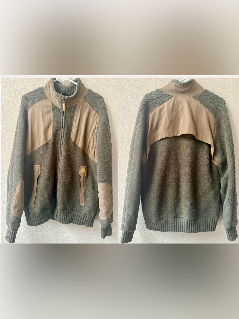 Vtg. Eddie Bauer Merino Green Wool Canvas Patches Cable-Knit Zip Up Sweater Sz.L - Picture 1 of 9